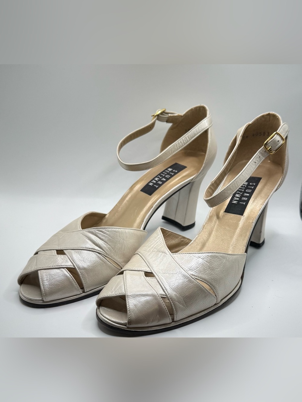 Stuart Weitzman Cream Leather Ankle-Strap Peep-Toe Heels Block Heel 10 Women’s